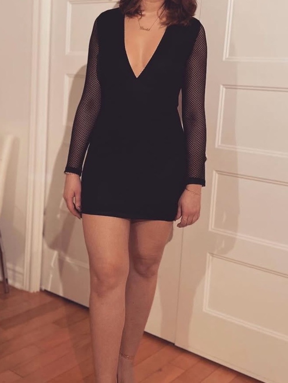 Motel Rocks Black Deep V Mesh-Sleeve Mini Dress